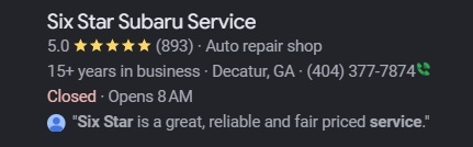 Independent Subaru Repair Shop Six Star Service Reviews showing 5-star Rating with ~900 Reviews on Google